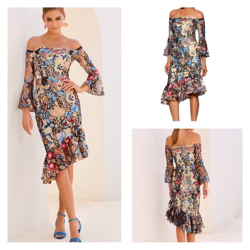 Alexia Admor Multi Sequined Embroidered Off Shoulder Midi Dress NWT